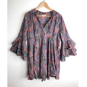 UMGEE Printed Collared Ruffle Bell Sleeve Dress